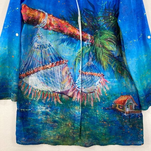 Leoma Lovegrove Medium Blue Tropical Hammock Button Up Tunic Vacation - Picture 5 of 10